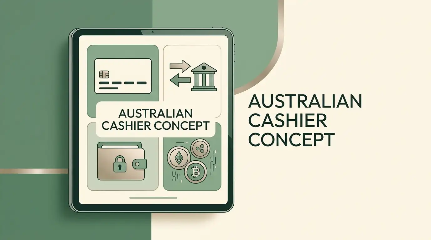 Generic Australian dollar cashier illustration with card, bank transfer, e-wallet and cryptocurrency category symbols and no real payment logos
