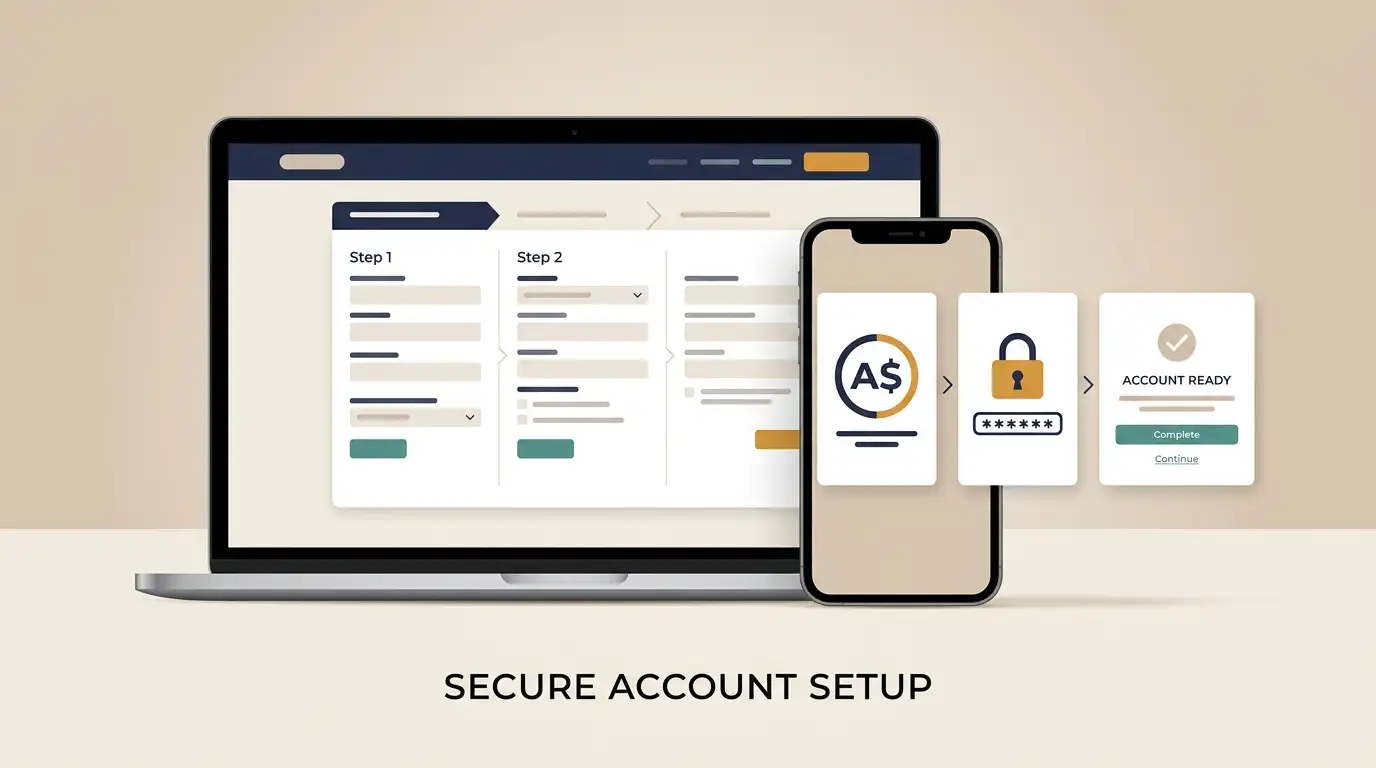 Generic secure account registration flow on laptop and phone with AUD selection and password security symbols