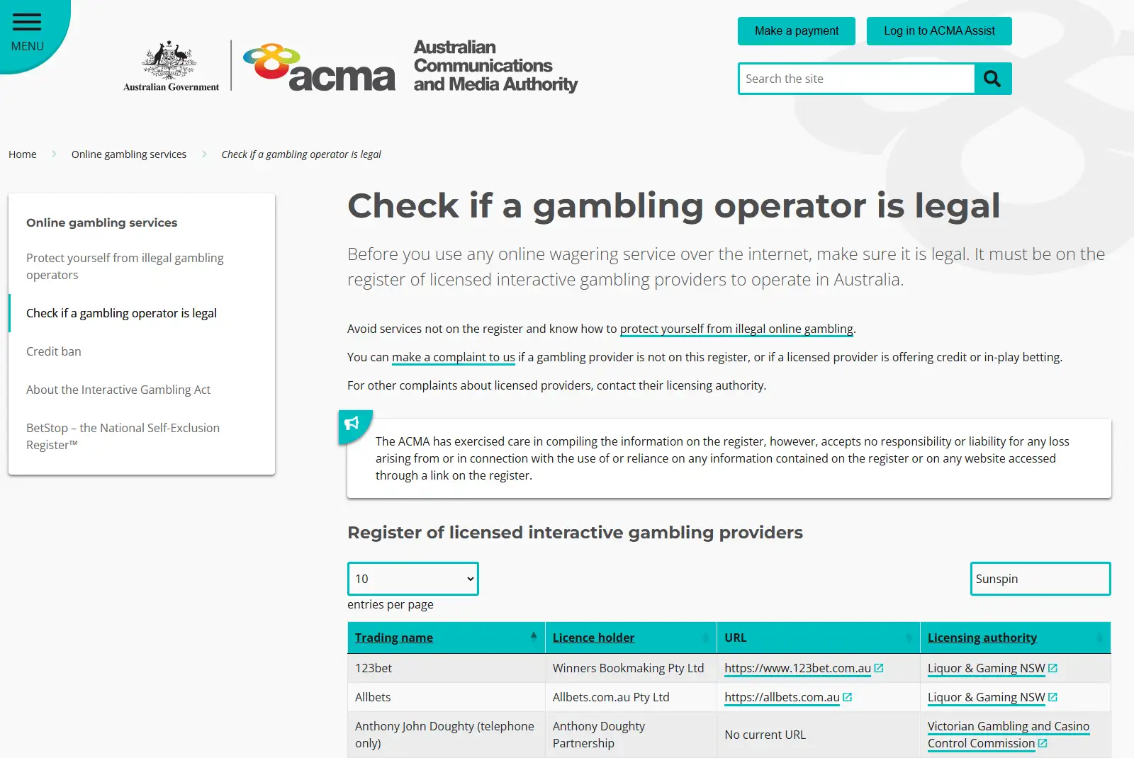 ACMA licensed interactive gambling provider register used in the Sunspin trust check