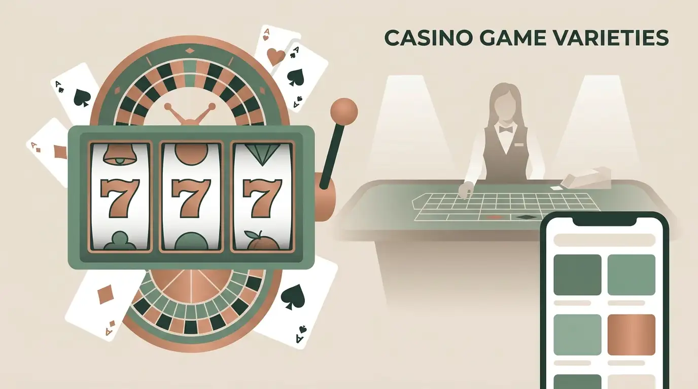 Generic Australian pokies and table games illustration with reels, roulette and playing cards but no real provider or casino branding