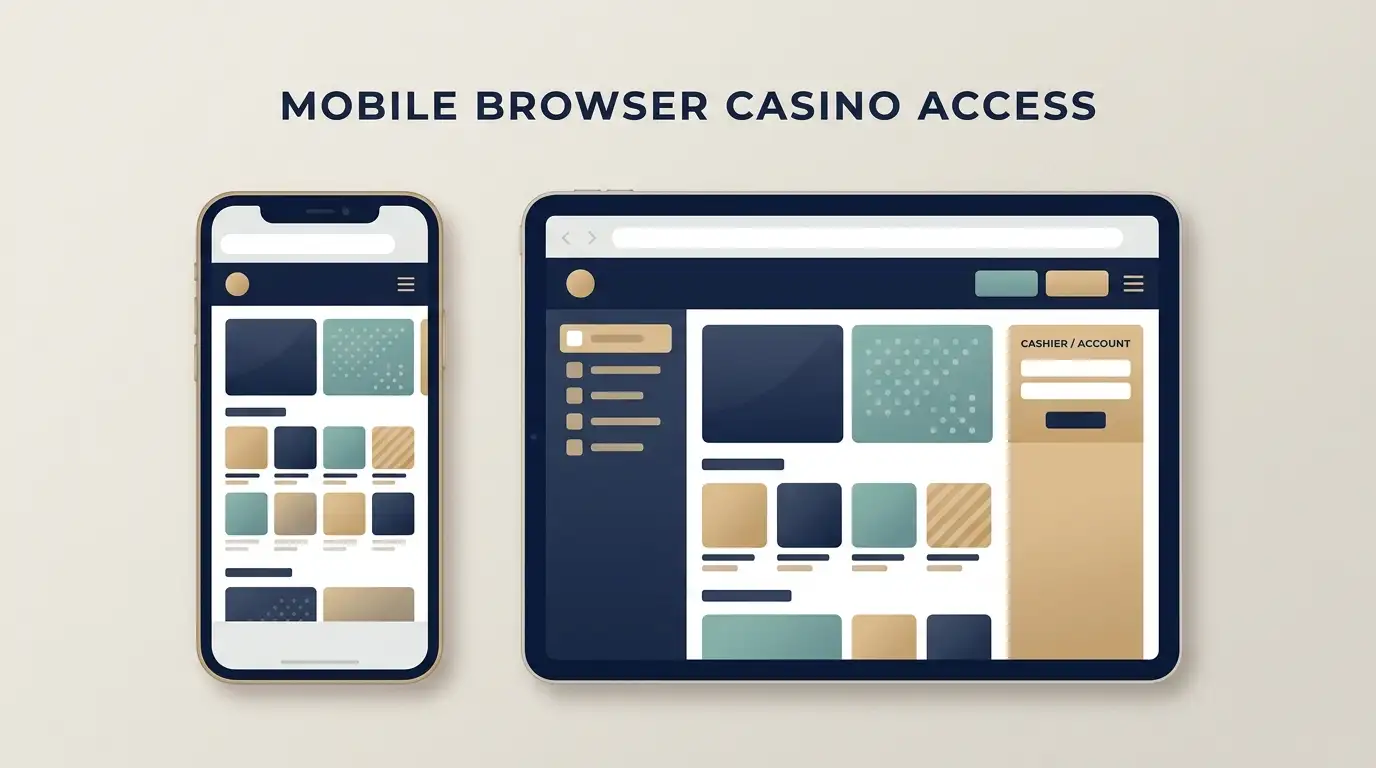 Generic smartphone and tablet showing a responsive casino-style browser layout with abstract game tiles