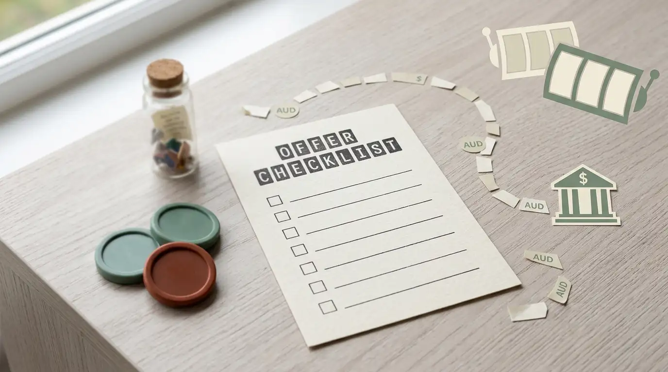 Generic illustration of Australian casino promotion terms with a checklist, AUD cues and non-branded reel symbols